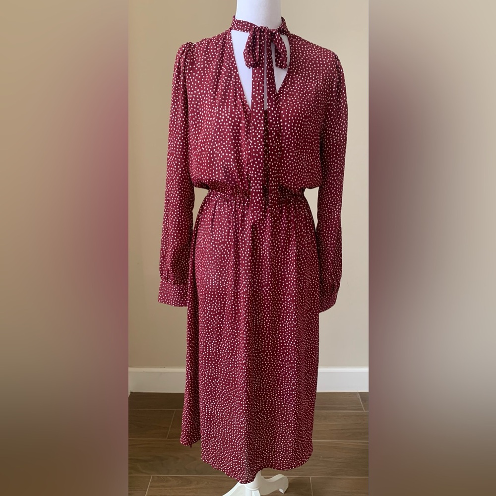 Lulus Women's Burgundy Polka Dot Tie-Neck Midi Dress